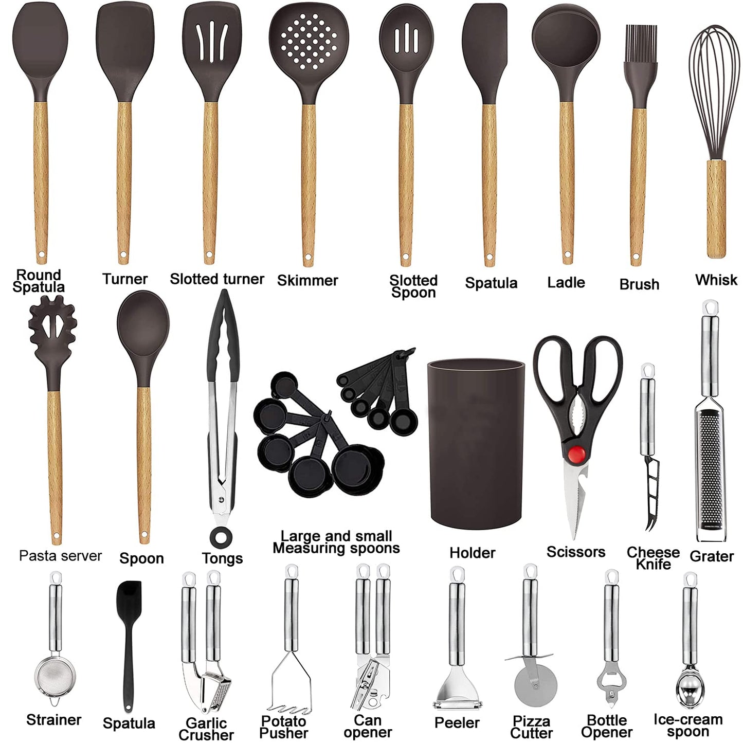 Kitchen Utensils Set- 35 PCs Cooking Utensils with Grater,Tongs, Spoon Spatula &Turner Made of Heat Resistant Food Grade Silicone and Wooden Handles Kitchen Gadgets Tools Set for Nonstick Cookware