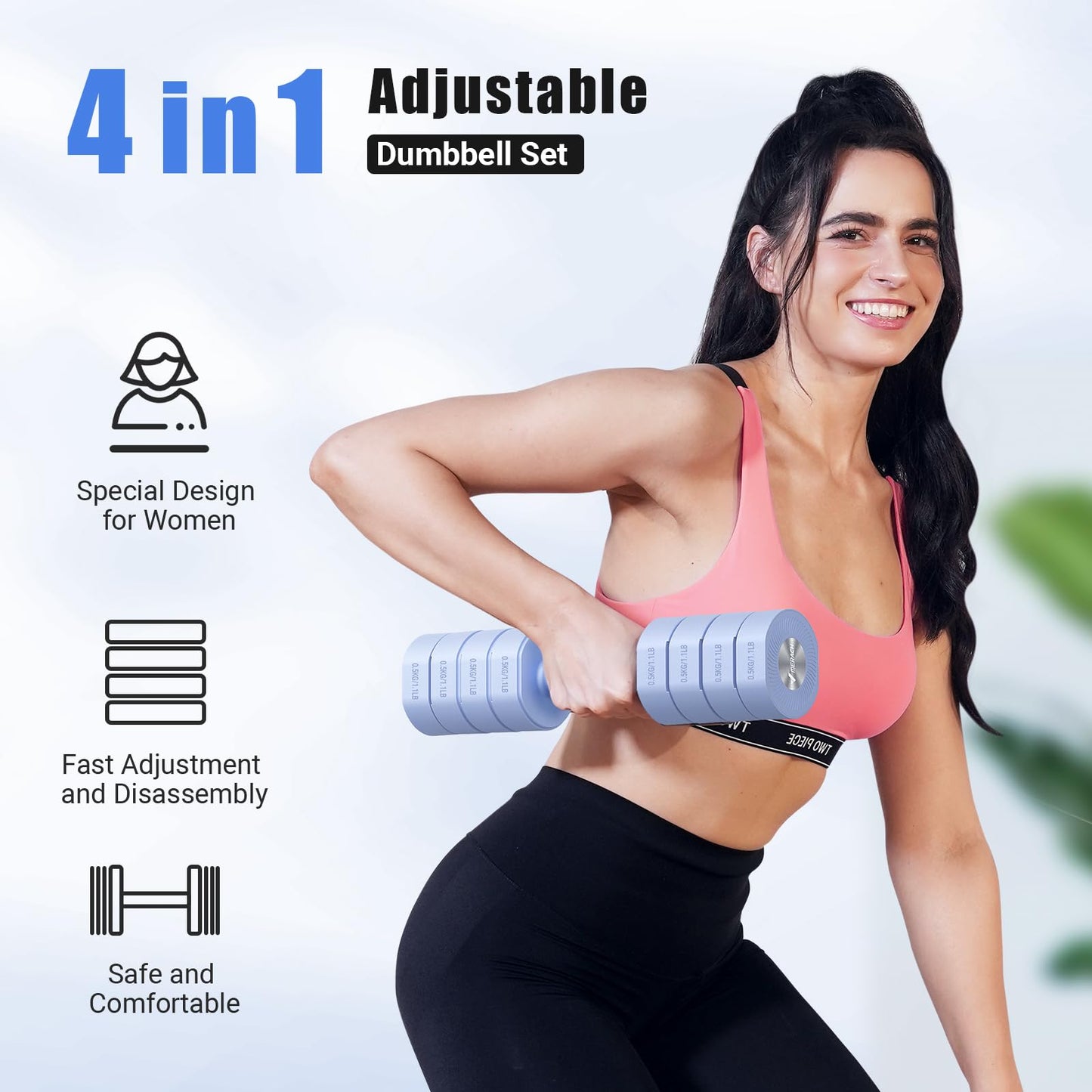 MERACH Dumbbell Set of 2, Adjustable Weight, Anti-slip Handle, Macaron Colors, Each 2.2/4.4/6.6/8.8 lbs, 4 in 1 Hand Weights for Women at Home