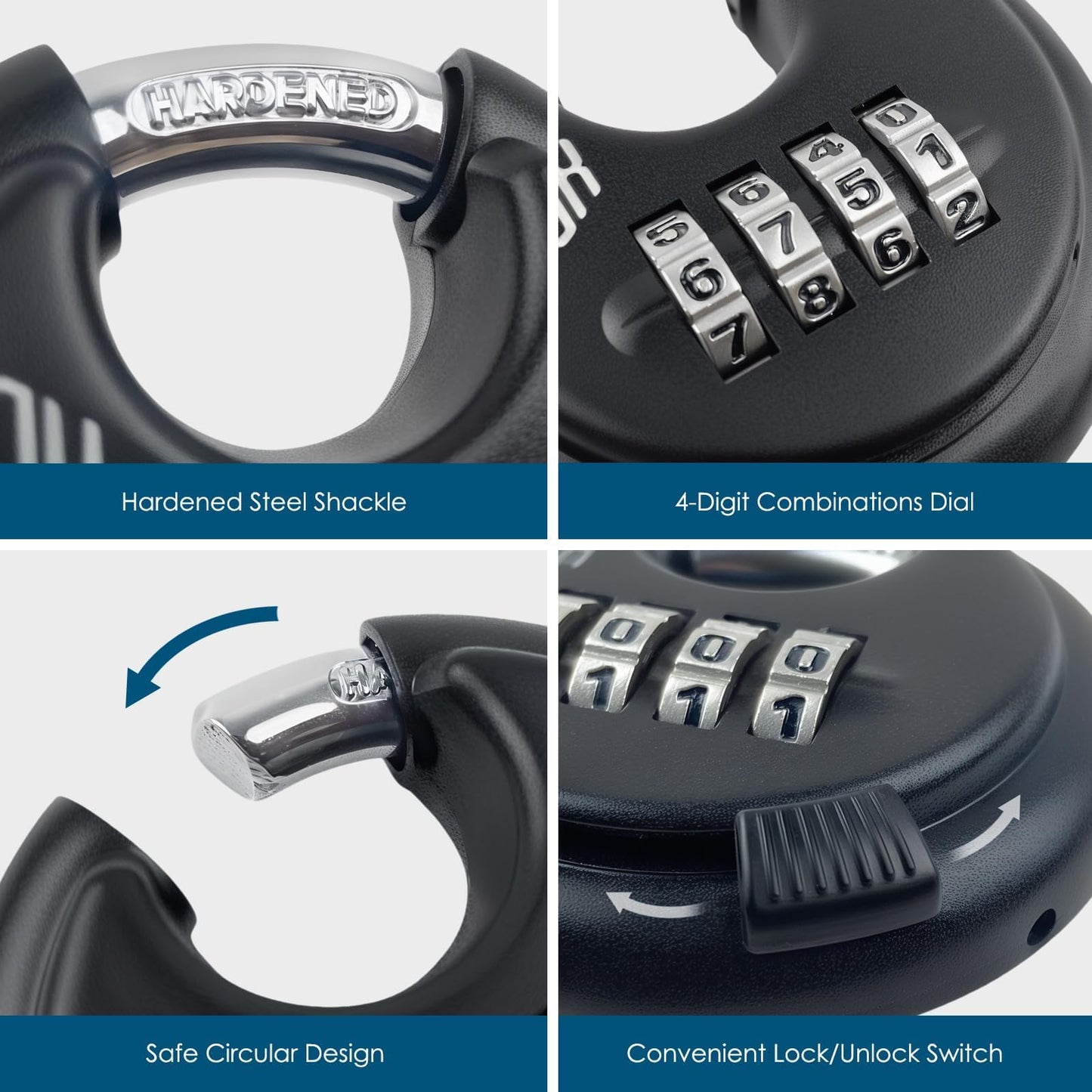 HOX Combination Lock, 4 Digit Disc Padlock with 3/8 Inch Hardened Steel Shackle, 2-3/4 Inch Zinc Alloy Wide Body, Keyless Heavy Duty Combo Lock for Hasp Latch, Sheds, Fences, Storage Locker (4 Pack)