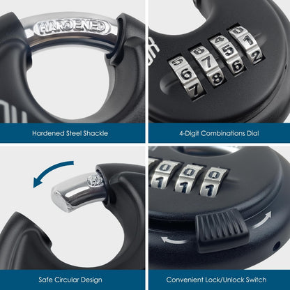 HOX Combination Lock, 4 Digit Disc Padlock with 3/8 Inch Hardened Steel Shackle, 2-3/4 Inch Zinc Alloy Wide Body, Keyless Heavy Duty Combo Lock for Hasp Latch, Sheds, Fences, Storage Locker (4 Pack)