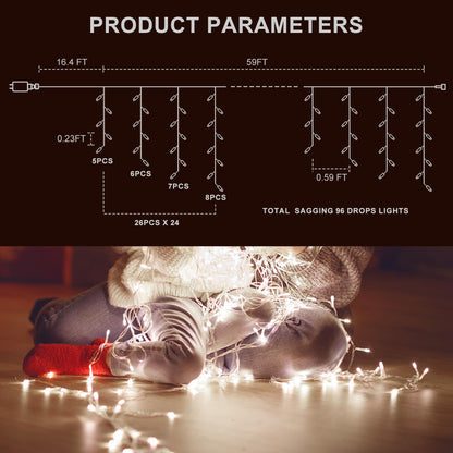 TOPPORTED Icicle LED Christmas Lights Outdoor, 624 LED 59FT 8 Modes with 96 Drops Cool White Icicle Lights,Outdoor Indoor Fairy String Lights for Christmas Party,Holiday,Wedding Decorations