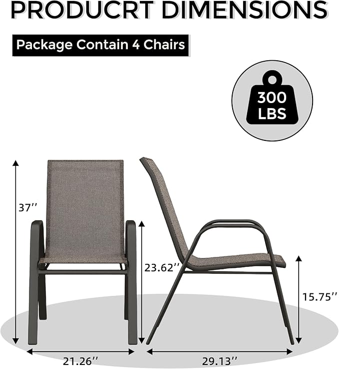 Outdoor Stackable Dining Chairs Set of 4, High-Back Patio Stacking Chairs, Patio Chairs with Textilene Farbic & Metal Frame for Lawn Backyard Deck Garden,Brown
