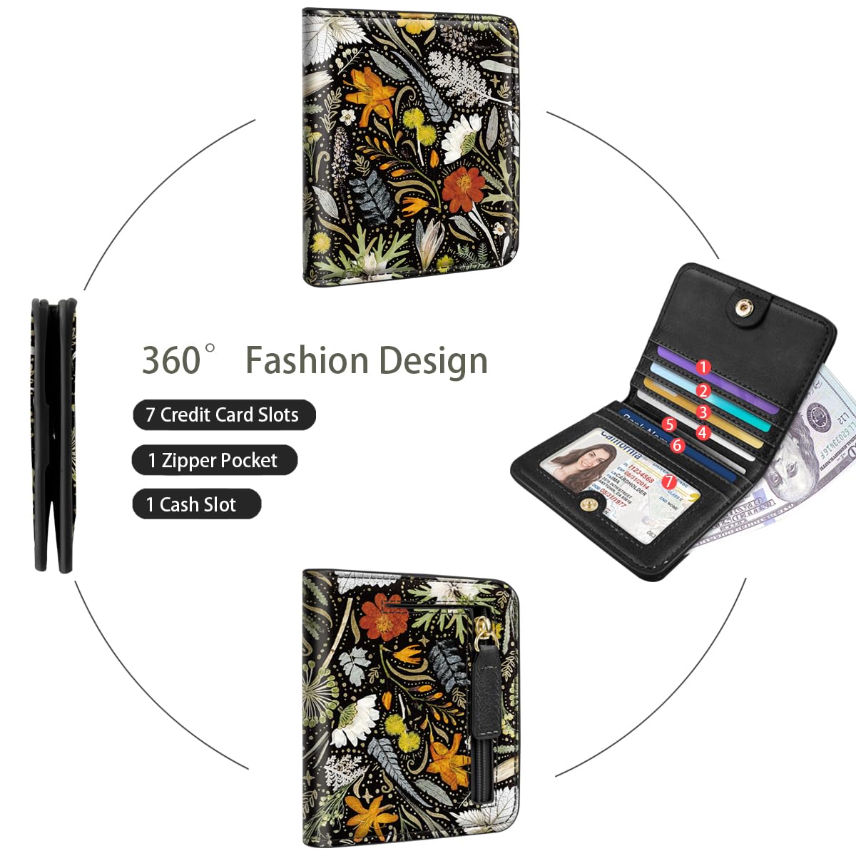 Simikol Womens Small RFID Blocking Wallet Compact Bifold Pocket Cute Credit Card Holder Leather Coin Slot Ladies Mini Purse with ID Window, Dried Flowers