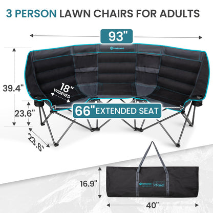FUNDANGO Extra Wide 3 Person Camping Chair for Adults with Cooler, 1000 LBS Heavy Duty Oversized Camp Couch, Padded Folding Seat with Cup Holders for Outdoor, Sports & Lawn