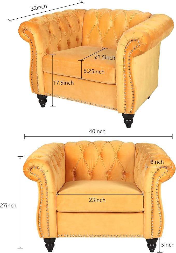 ORRD 2 Piece Living Room Set, Velvet Chesterfield Sofa Couch Chair