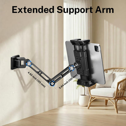 OHLPRO Tablet Wall Mount Holder for iPad, Aluminum Foldable Arm with 360° Rotating Base, Adjustable Clamp for 5-13" Tablets & Phones, Metal Screw Mount for Kitchen, Office, Gym - 9.6" Aluminum Arm
