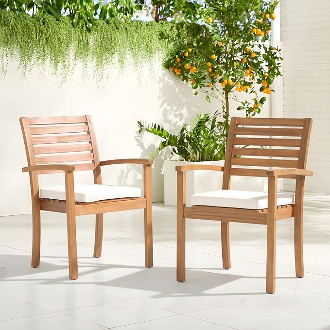 OC Orange-Casual Stackable Patio Dining Chairs Set of 6, Outdoor Acacia Wooden Chairs w/Armrest & Removeable Fabric Cushion, for Porch, Backyard, Garden, Indoor, Beige