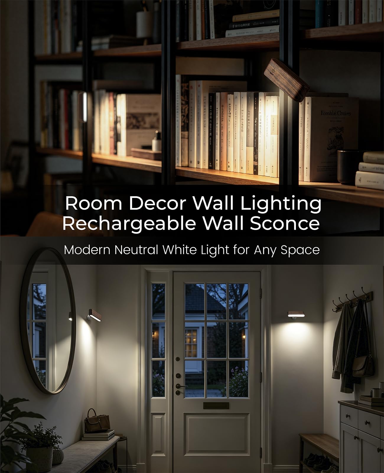Wood LED Wall Sconce Magnetic 360°Rotate Mounted Mini Lamp Brightness Adjustable Nightlights Rechargeable Battery Powered Reading Light for Bedside Hallway Living Room Black Walnut Set of 2