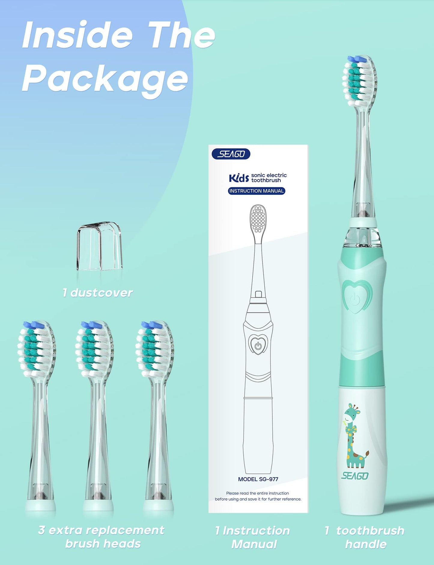 SEAGO Kids Electric Toothbrush with 2 Mins Brushing Timer and 4 Replacement Bursh Heads, Rainbow LED Light Make Brushing Fun, Boys Battery Powerd Toothbrush for 4-12 Years Old，SG-977 (Light Blue)