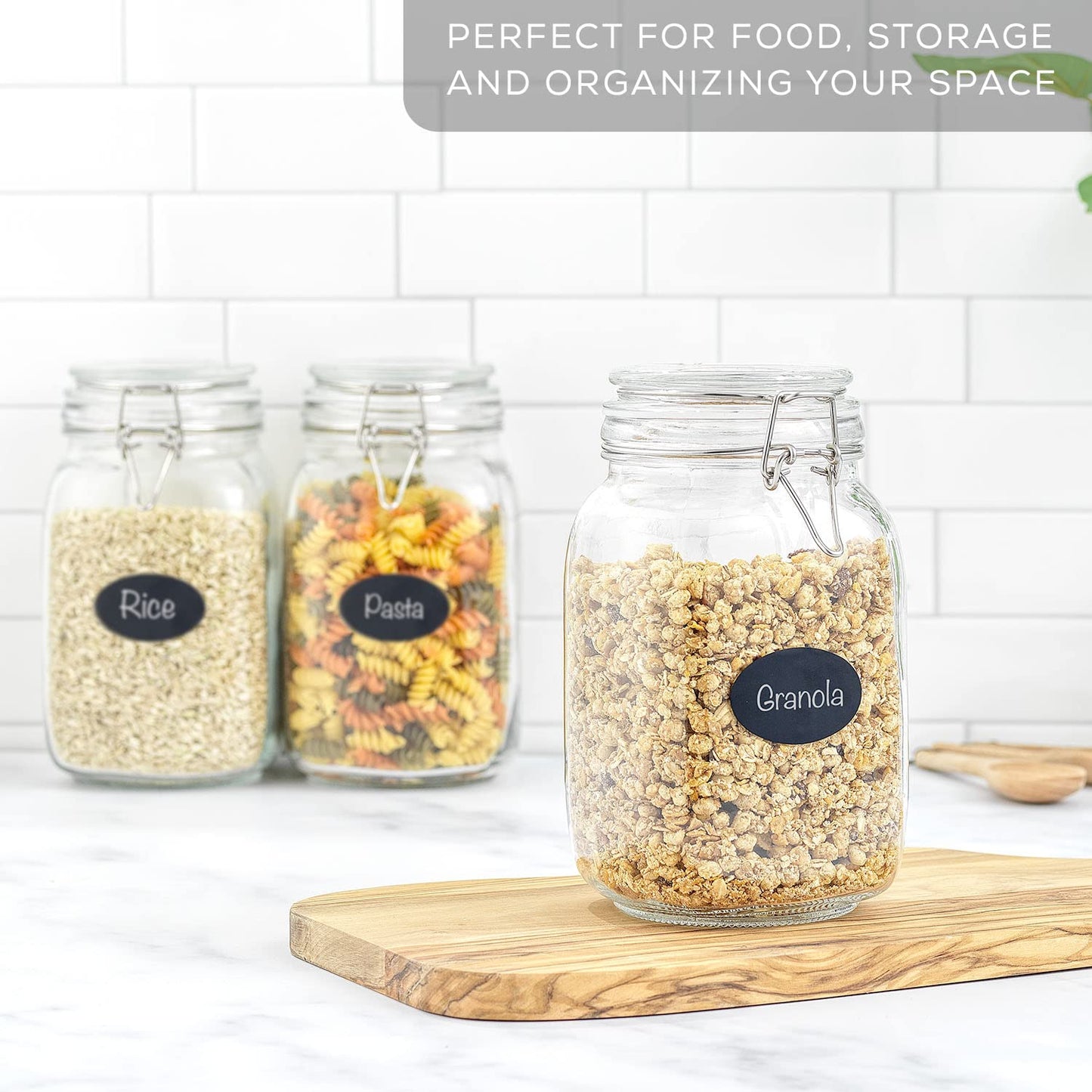 JoyJolt Airtight Glass Jars with Lids Set of 3. 50oz Glass Jar with Lid and 6 Silicone Seals! Med Glass Food Storage Containers. Square Mason Jar, Flour Jar, Candy or Cookie Jars for Kitchen Counter