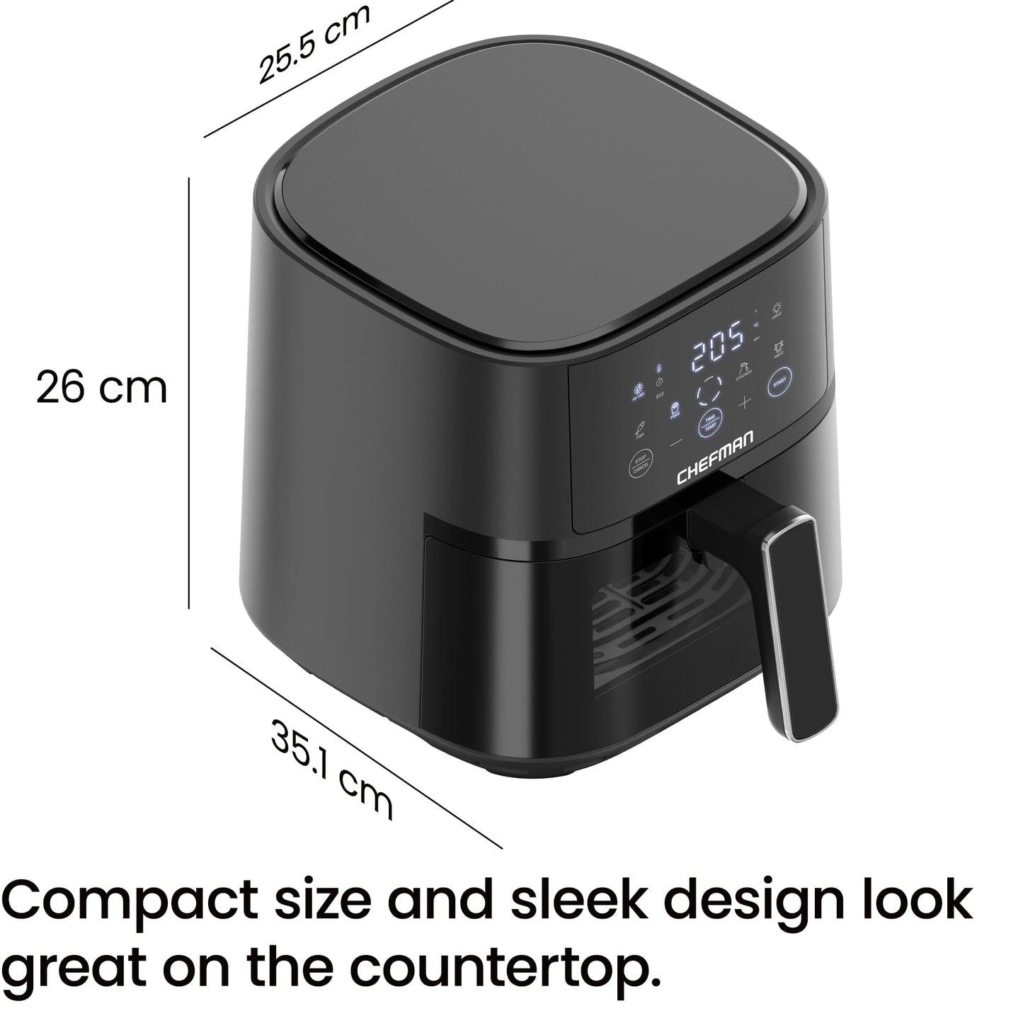 Chefman Air Fryer – 3.75L Compact Airfryer for Quick, Easy Meals, Features Hi-Fry Technology for Extra Crisp, Easy-View Window, Touch Controls with 4 Presets, Nonstick & Dishwasher Safe Basket - Black