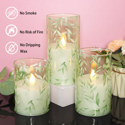 Crystal Club Glass Flameless Candles with Remote Timer, Battery Operated Flickering LED Pillar Candles, Green Willow Leaves Design for Wedding Holiday Home Decor