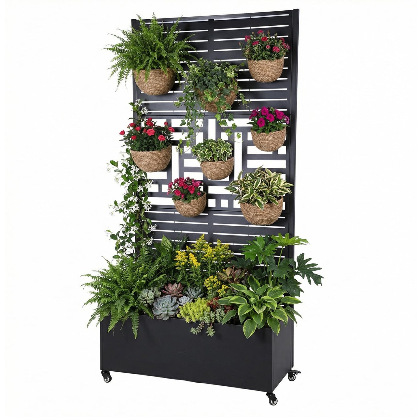 FASDRESS Metal Planter Box with Trellis Standing Planter Box for Climbing Plants/Vines Raised Garden Bed On Wheels 70.87x35.43x15.75 Inch (01)
