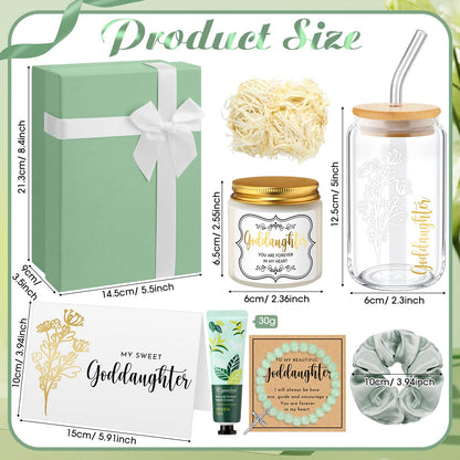Teenyyou 9 Pcs Goddaughter Gifts from Godmother Glass Cup Bracelet Scented Candle Cream Hair Scrunchies Card Gift Box Set for Goddaughter Baptism(Sage Green)