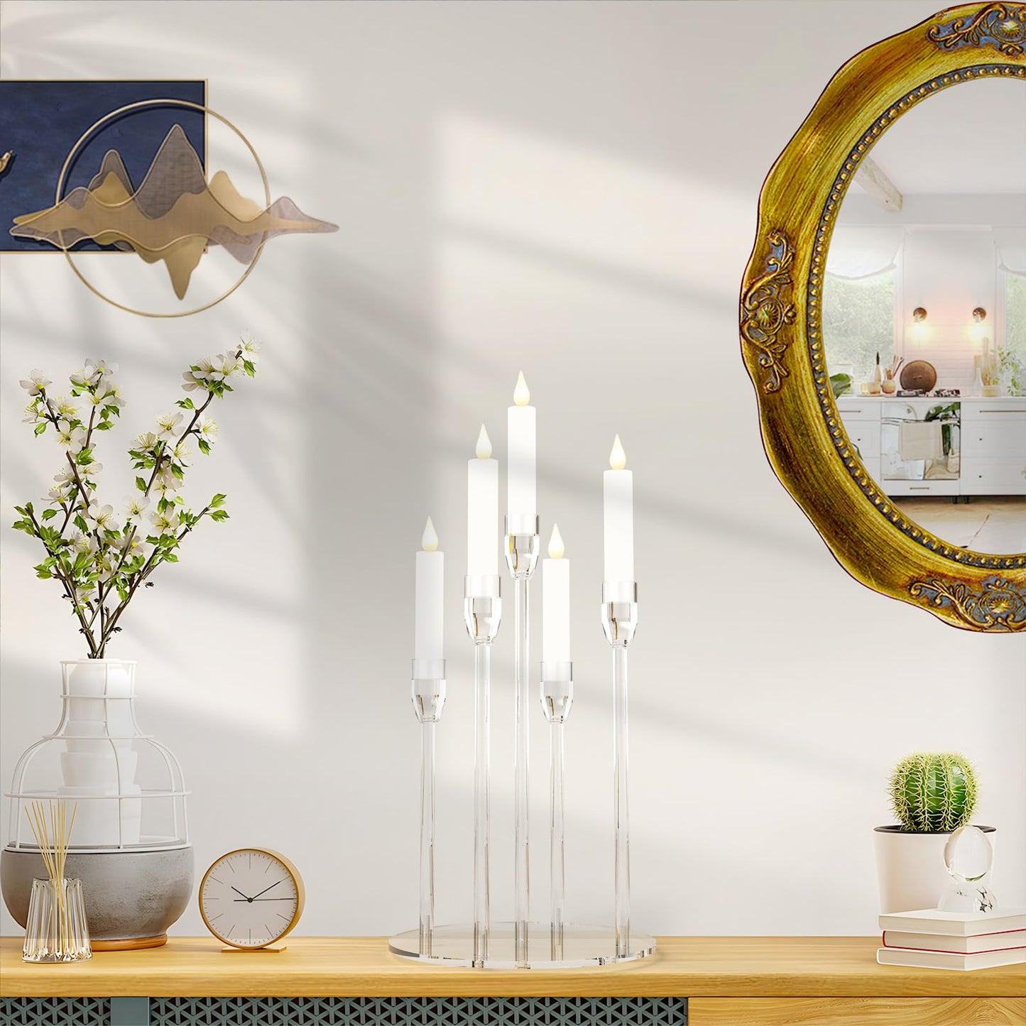 Candelabra Centerpieces for Tables 5 Arm Clear Candle Holder Fit 0.87" LED Pillar Taper Candlestick with Round Base for Christmas New Year Decoration (5 Arm Candelabra)