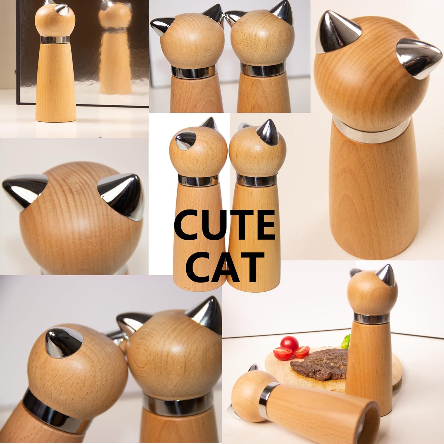 Hoivvy Manual Pepper Mill & Salt Grinder - Wood Adjustable Refillable Pepper Mill for Cat Lovers,Cute Kitchen Gift &Kitchen Counter Decor(7.6" Height)