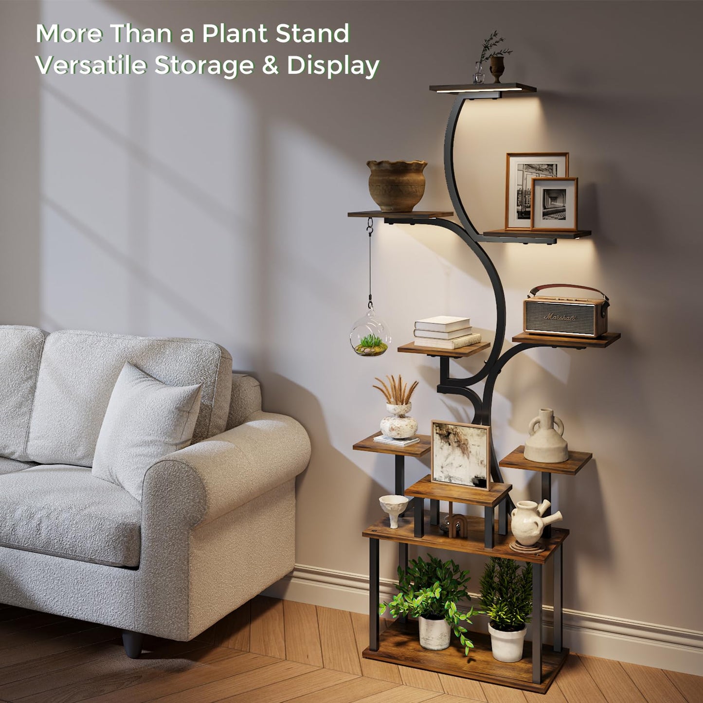 Plant Stand Indoor with Grow Lights - 9-Tier Curved Plant Stand, Tall Metal and Wood Indoor Plant Shelf with Unique Arched Design, Multi-Tier Flower Pot Holder Rack with Waterproof Finish, 63" Tall for Living Room, Balcony, and Garden