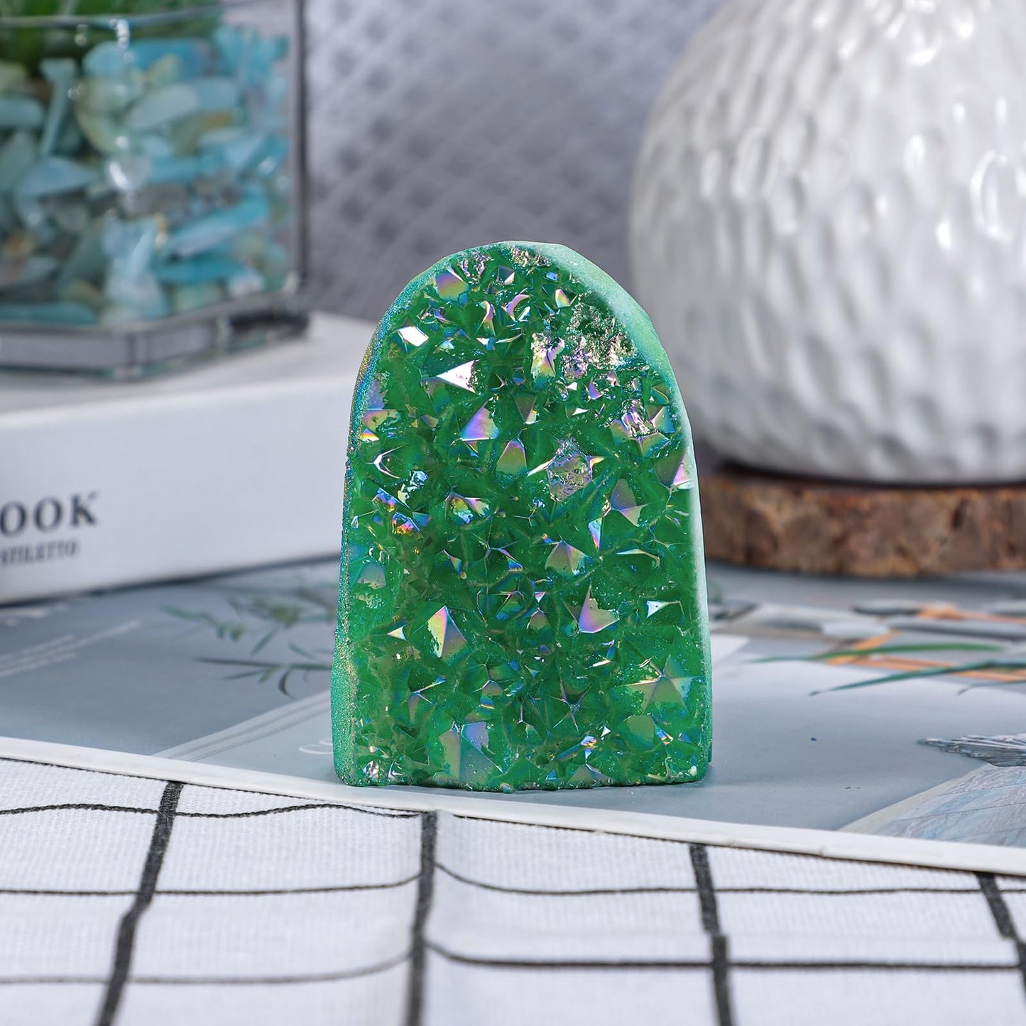 dssmboom Titanium Coated AB Rainbow Rock Quartz Crystal Cluster for Home Decor, Irregular Stone Geode Specimen Mineral for Meditation Spiritual Healing, Green