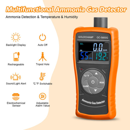 GOLDCHAMP Ammonia Gas Detector 0~100ppm NH3 Monitor with 0.1ppm Resolution, Temperature(℉/℃), Humidity, LCD Display, Double Alarm, Tripod Hole for Farm, Poultry, Pig & Livestock
