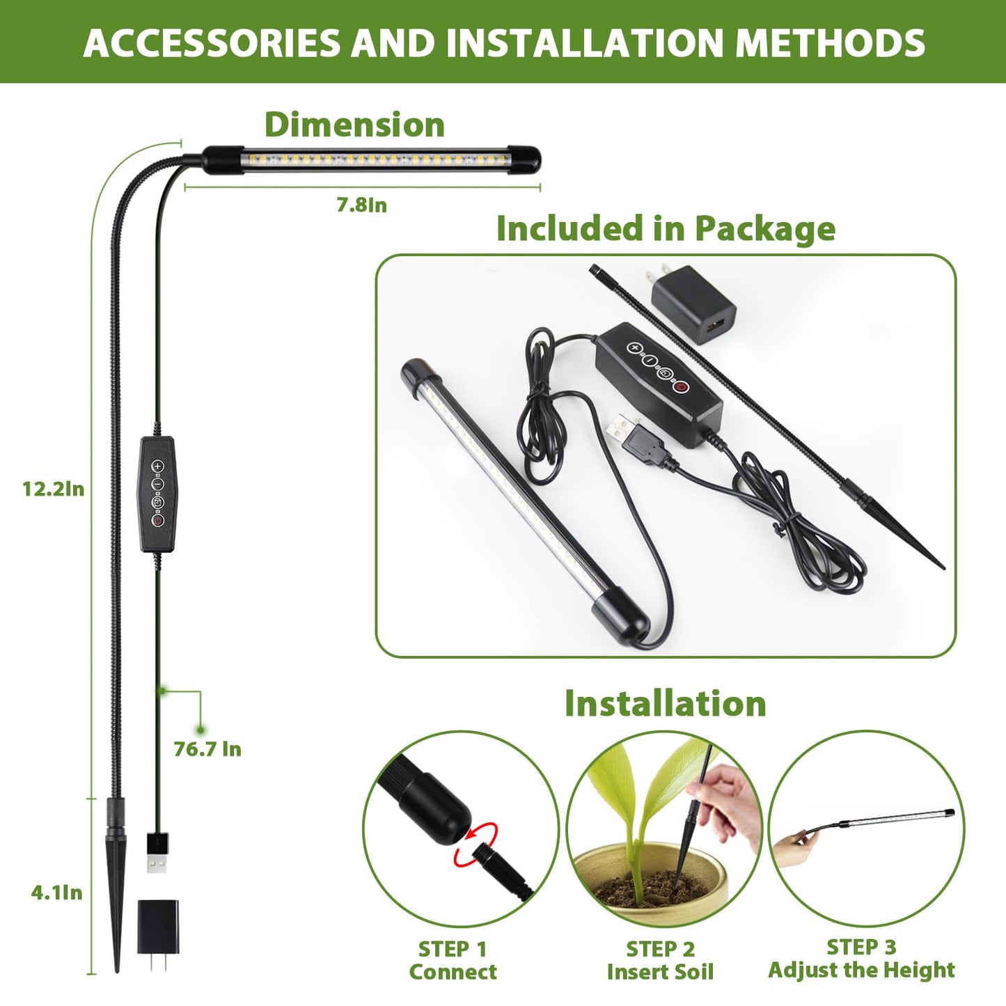 WeeLeeGoo Grow Light 2 Pack, 6000K Full Spectrum Gooseneck Growing Lamp for Indoor Bonsai Pot Succulents Micro Greens Mini Plants, Dimmable & Auto Timer 4 8 12H