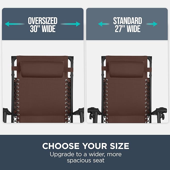 Best Choice Products 30” Wide Folding Zero Gravity Outdoor Recliner Patio Lounge Chair w/Adjustable Canopy Shade, Headrest, Side Accessory Tray - Brown