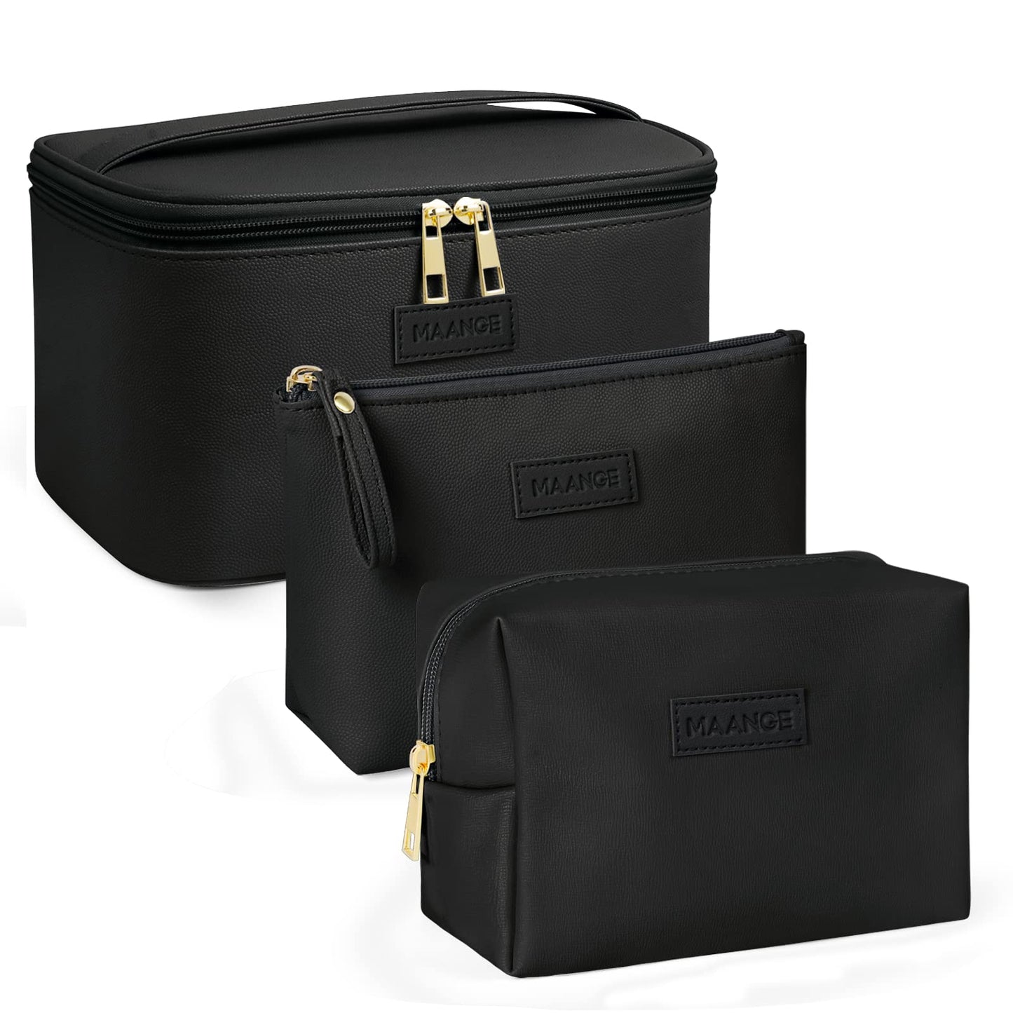 MAANGE 3 Pcs Makeup Bag(L+M+S) Travel Cosmetic Bags with Brush Compartment PU Leather Small Makeup Bag Portable Make Up Bag Versatile Zipper Makeup Pouch for Women, Black