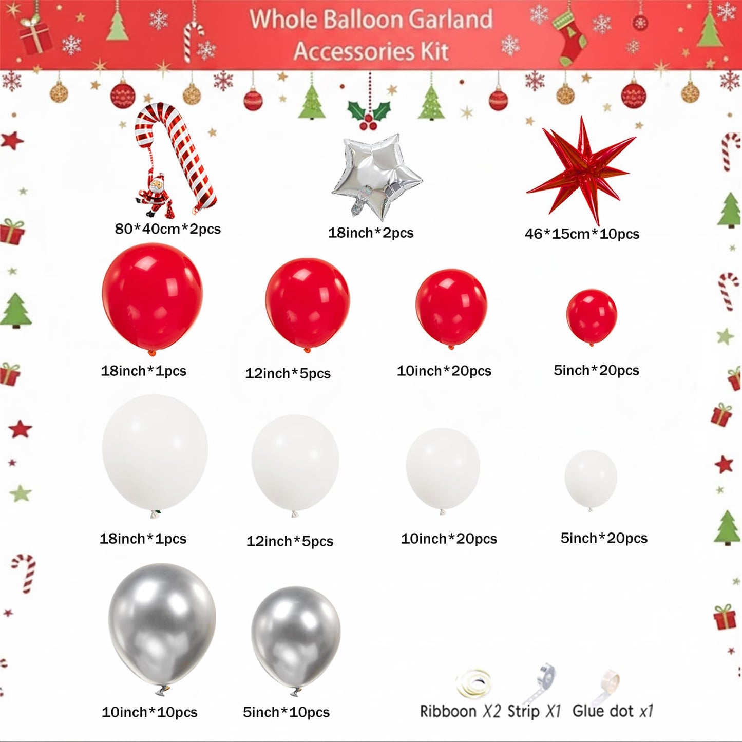 Red Christmas Party Decorations with Balloon Garland Arch Kit & Red White Silver Cane Candy Explosion Star Foil Balloons for Winter Xmas New Year eve Birthday Decorations