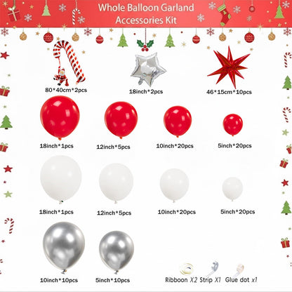 Red Christmas Party Decorations with Balloon Garland Arch Kit & Red White Silver Cane Candy Explosion Star Foil Balloons for Winter Xmas New Year eve Birthday Decorations