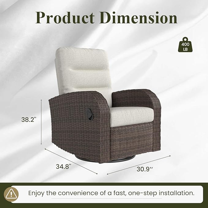 LayinSun Oversized Wicker Outdoor Swivel Glider Recliner with Adjustable Backrest & Footrest, Patio Reclining Lounge Chair - Set of 2