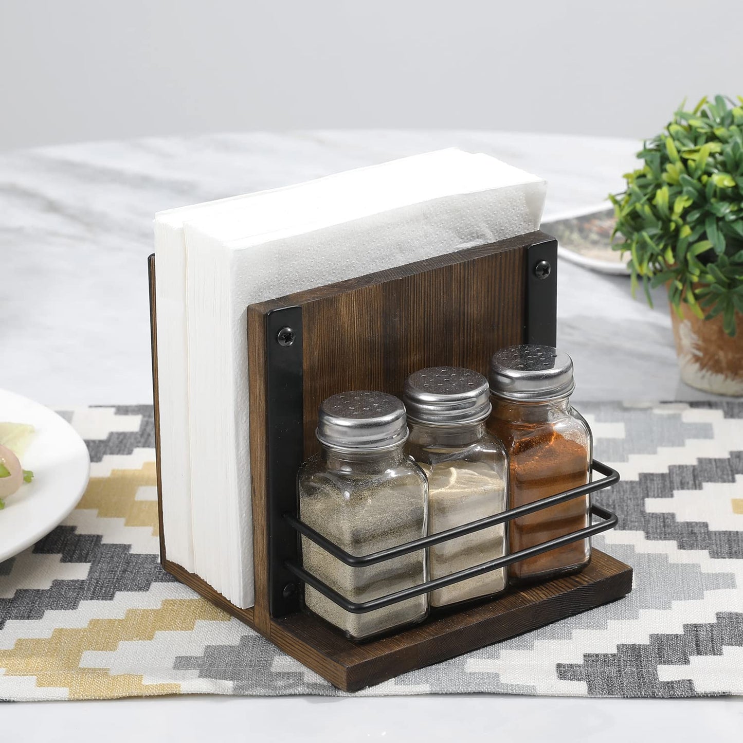 MyGift Napkin Holder with Salt and Pepper Shakers Set, Wood Tabletop Napkin Dispenser with Condiment Organizer and 3 Glass Shakers, Rustic Kitchen Décor