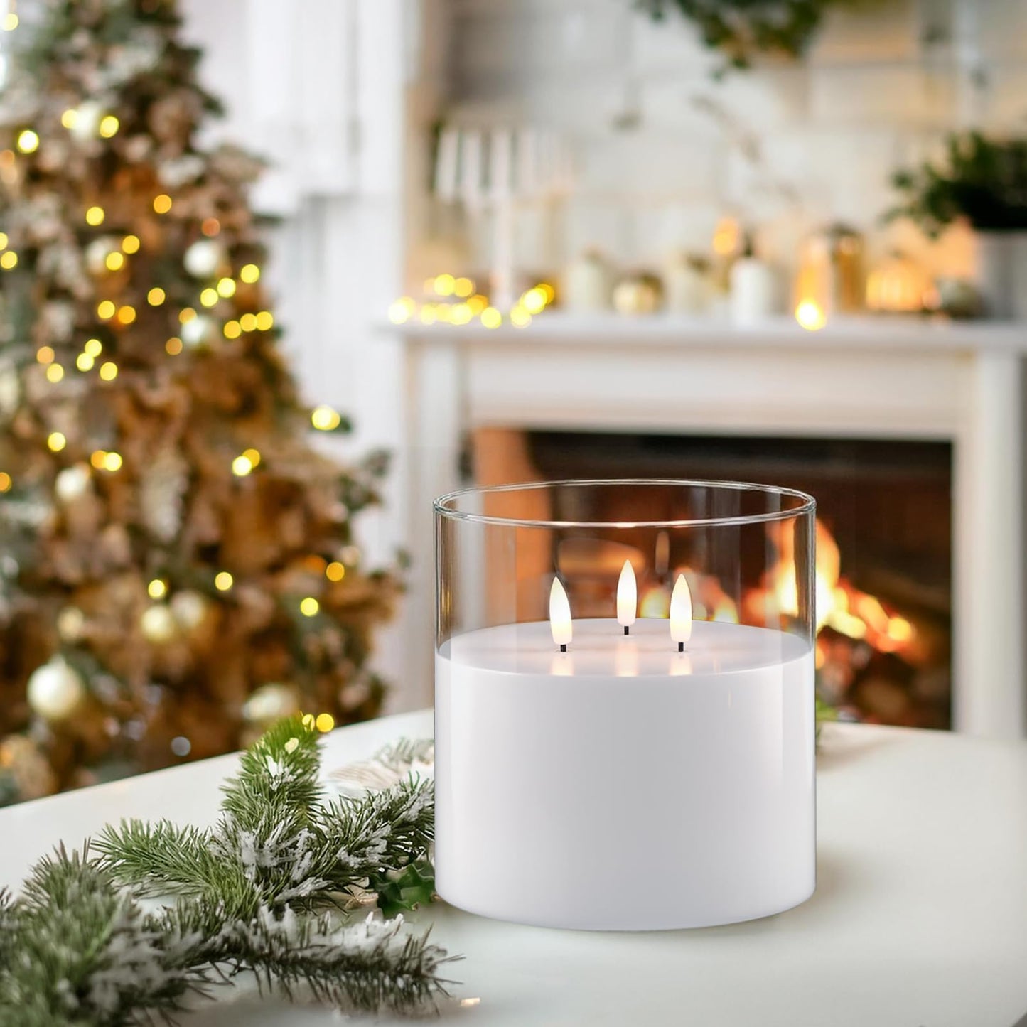 GenSwin Glass Flameless Candles Flickering with 3 Wicks and Remote Timer, 1 Pcs Clear LED Candles Battery Operated, Large Glass Candle for Halloween Christmas Home Decor(D6” x H6”)