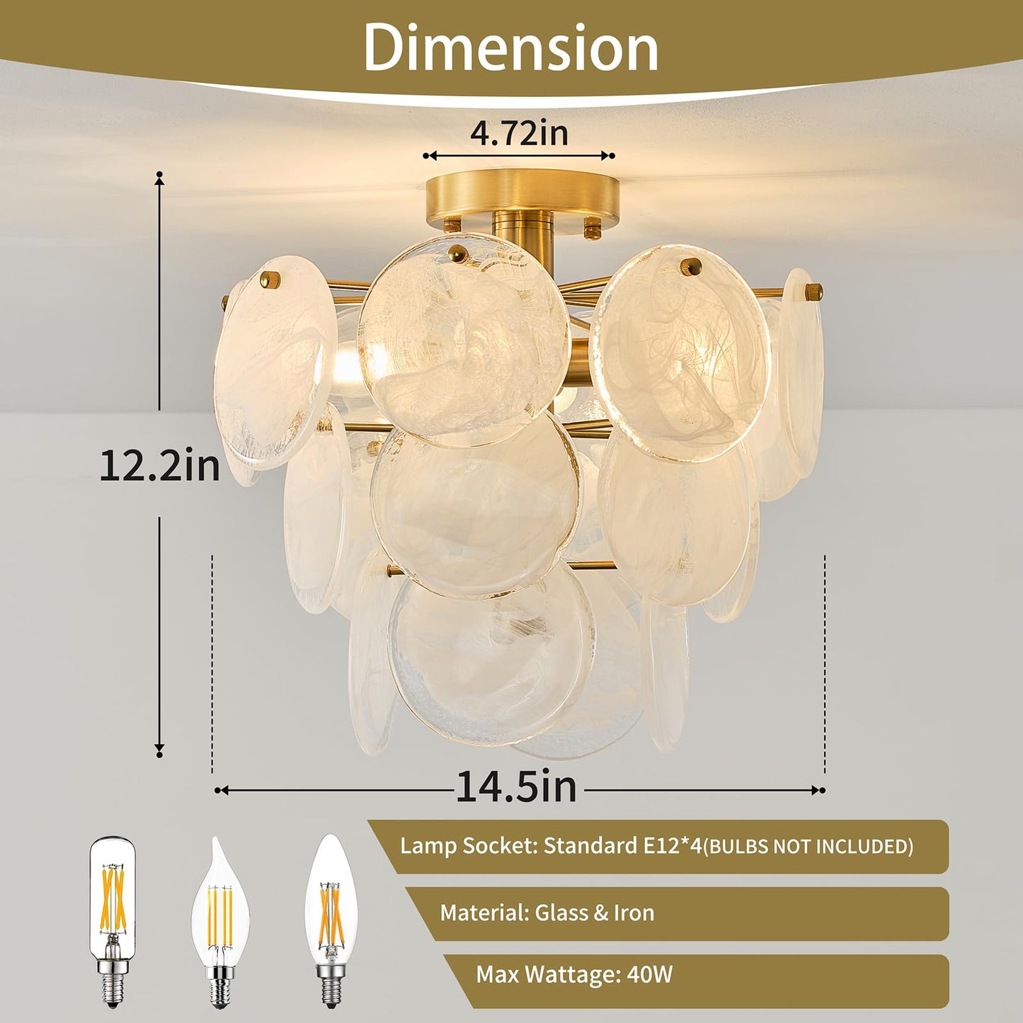 LOZOHOM 15" Brass Gold Semi Flush Mount Ceiling Light,13 lb Sturdy Vintage Flush Mount Chandelier with Unique Cloud Glass, 4-Light Modern Hallway Light Fixtures for Bedroom Laundry Room Foyer Entryway