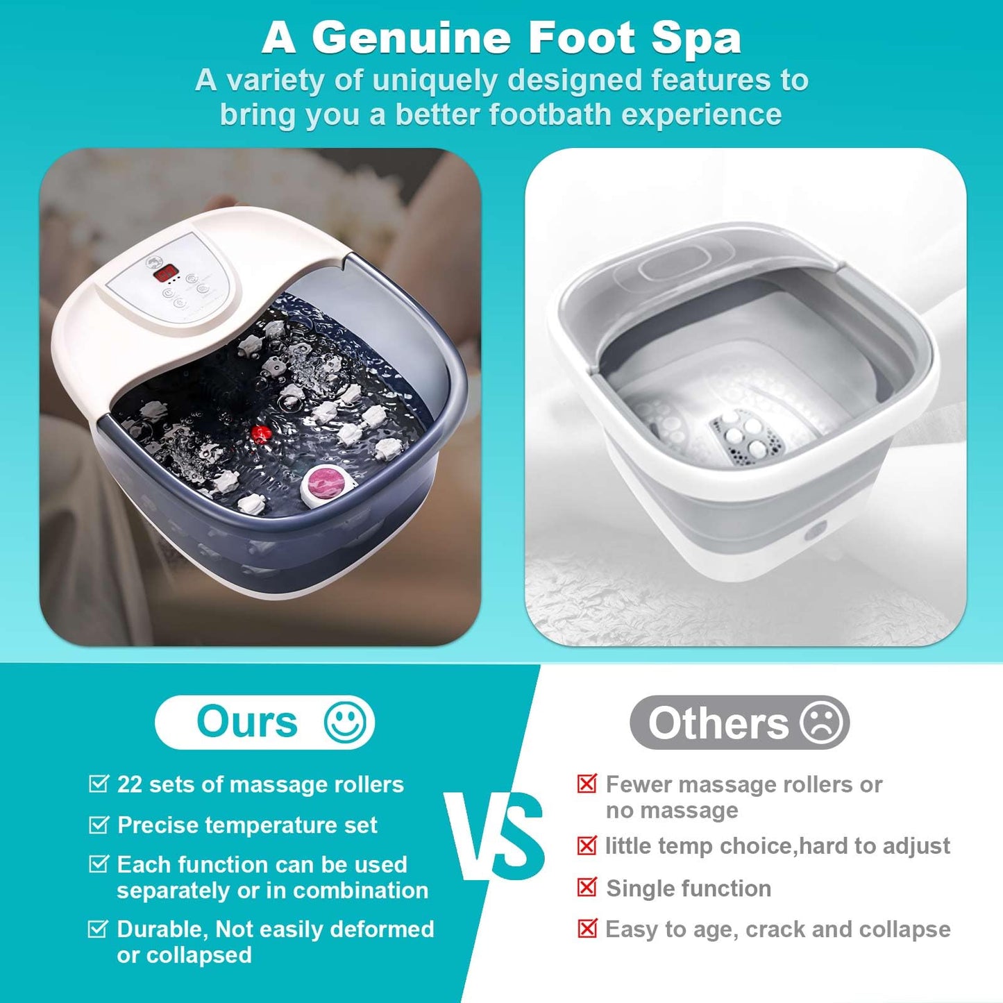 Foot Spa Bath Massager with Heat [2025 Upgraded], Vibration, Temperature Control, Jets, Bubbles and Epsom Salt, Foot Bath Soak Tub with 22 Massage Rollers, Feet Soaking Tub for Relaxation, Purple