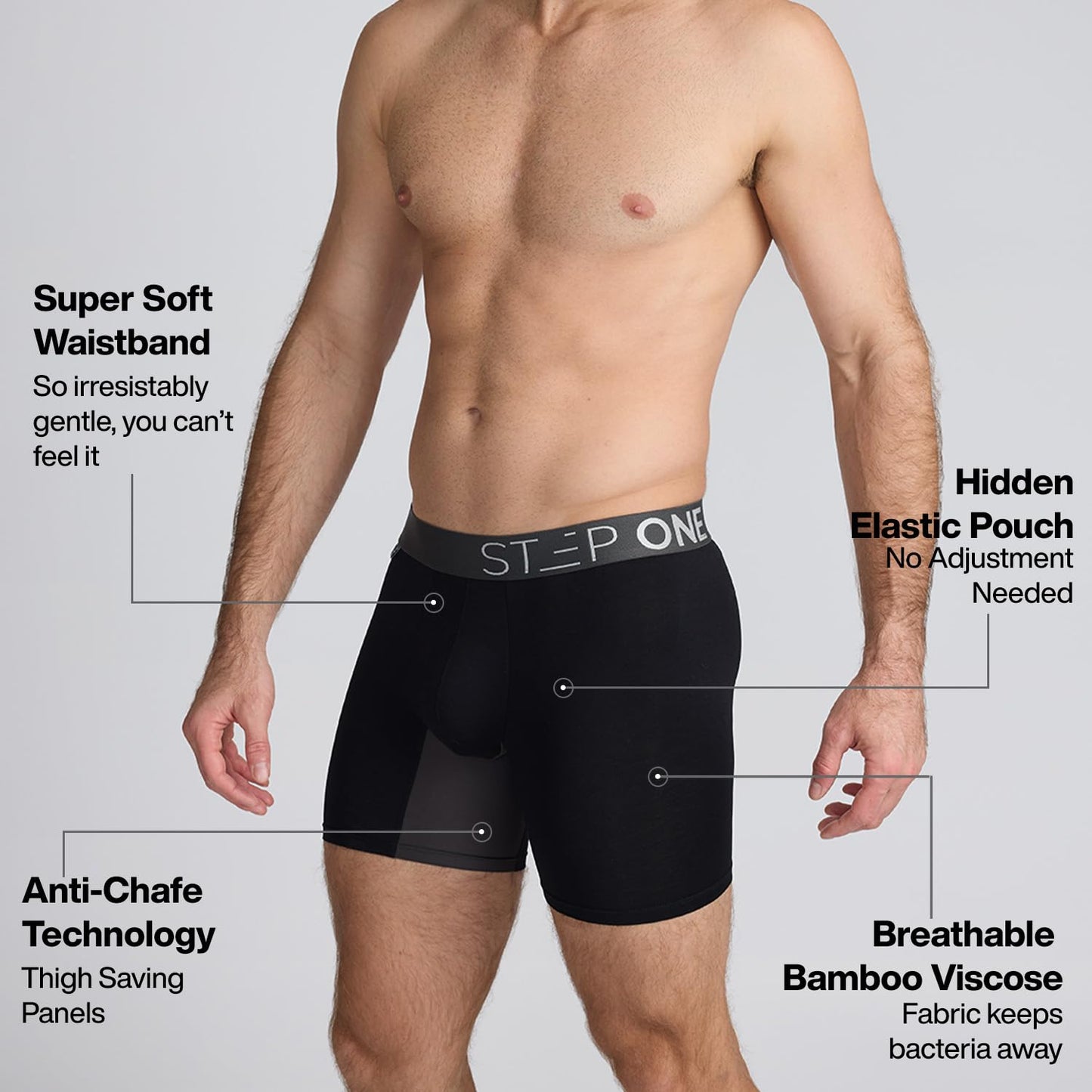 STEP ONE Mens Boxers Shorts Multipack, 5 Pairs, Anti Chafing Underwear for Men, Moisture-Wicking Boxer Shorts with 3D Pouch. Fabric Made from Organic Bamboo