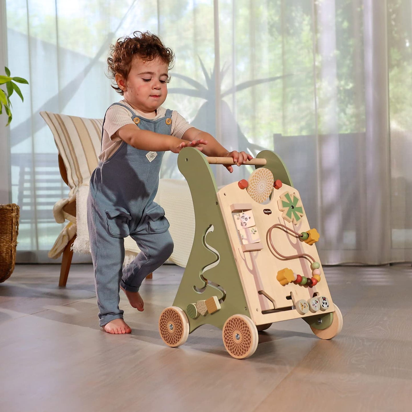 Tiny Love Wooden Baby Walker, Activity Walk Behind, 2-in-1 Activity Walker, 12 Interactive Activities, Supports Motor Skills, Cognitive Development, Comfortable Natural Design, 18+ Months, Boho Chic
