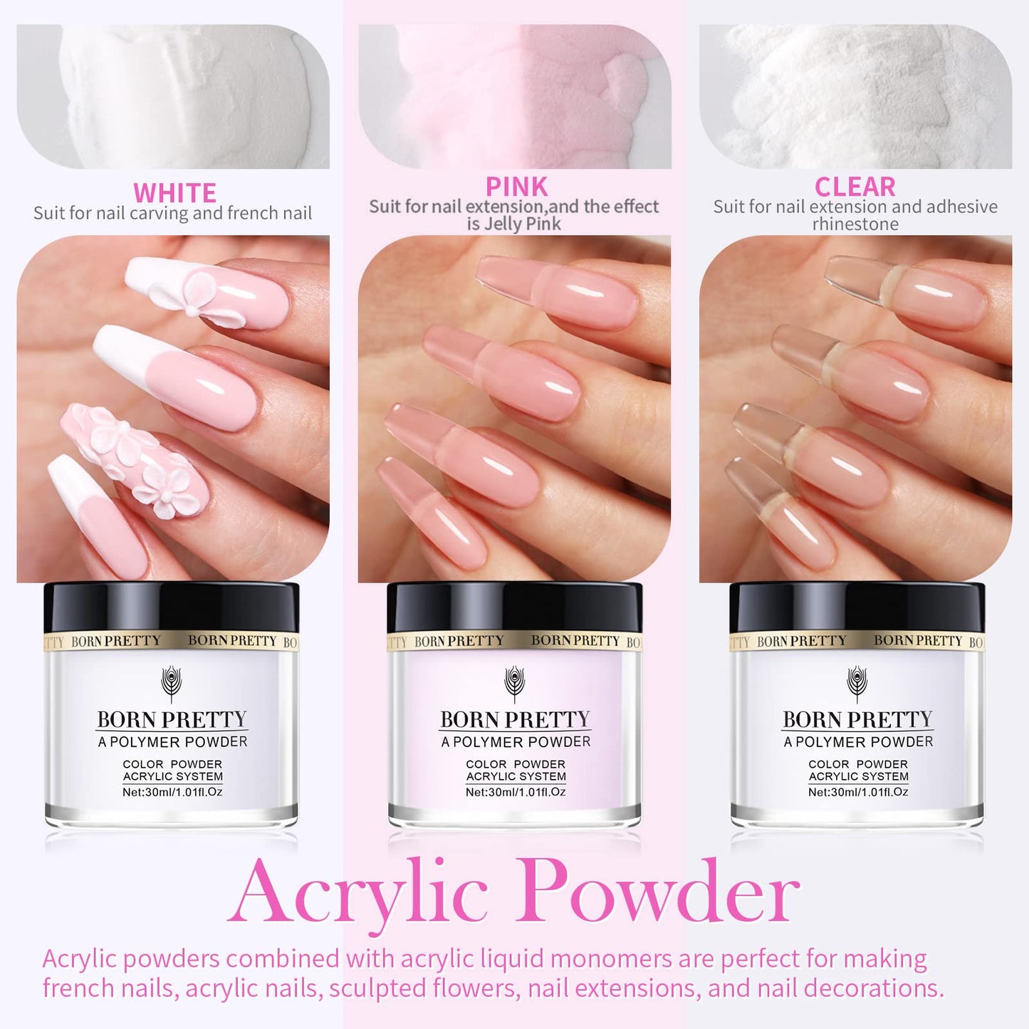 BORN PRETTY Acrylic Nail Kit - Acrylic Powder (Clear, White, Pink) & Liquid Set with Nail Forms, Brush Pen, File & Glass Container - Beginner Friendly