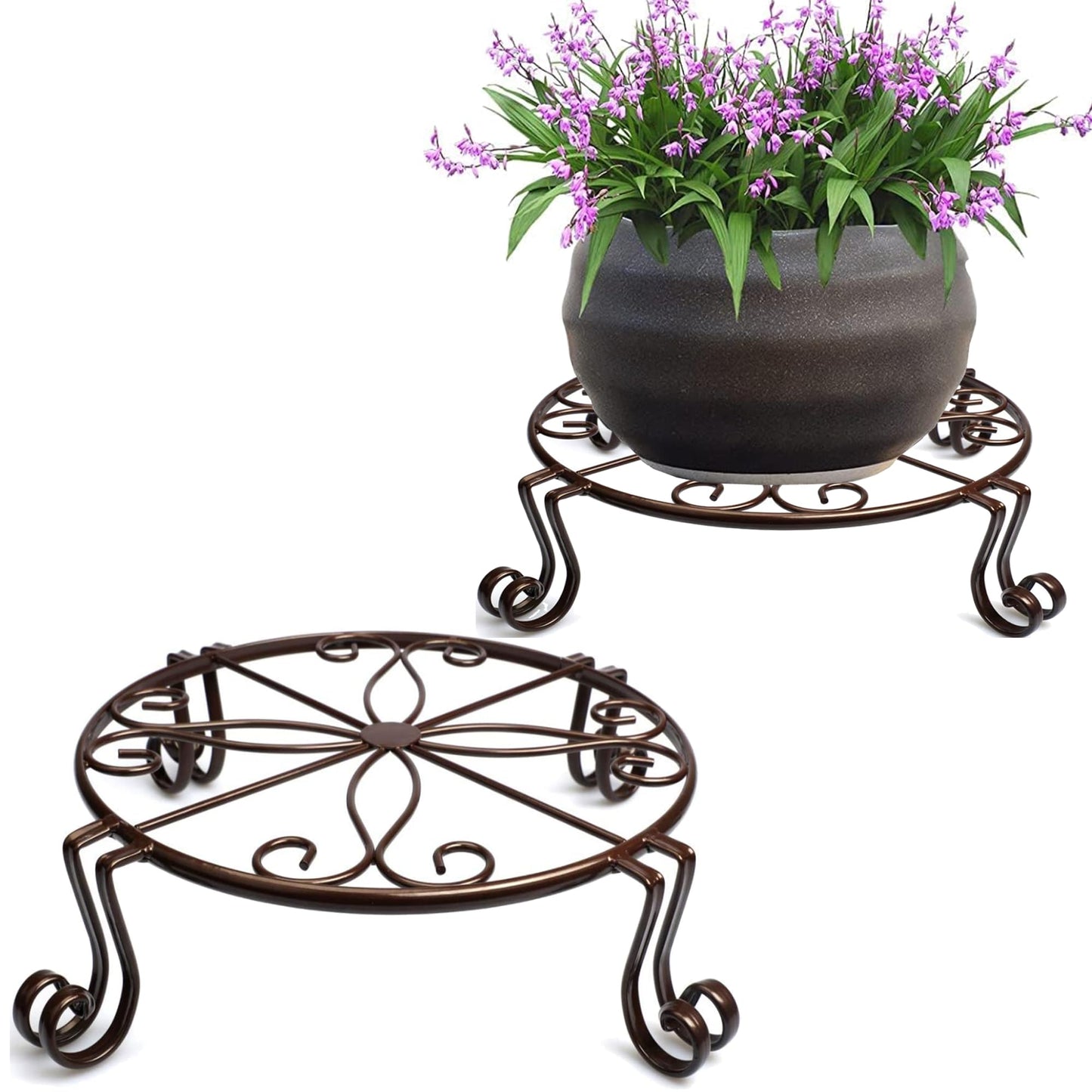 DearyHome 2 Pack 12" Plant Stands, Heavy Duty Rustproof Metal Plant Holders for Indoor and Outdoor Use, Wrought Iron Round Flower Stands for Patio, Balcony, and Garden (Bronze)