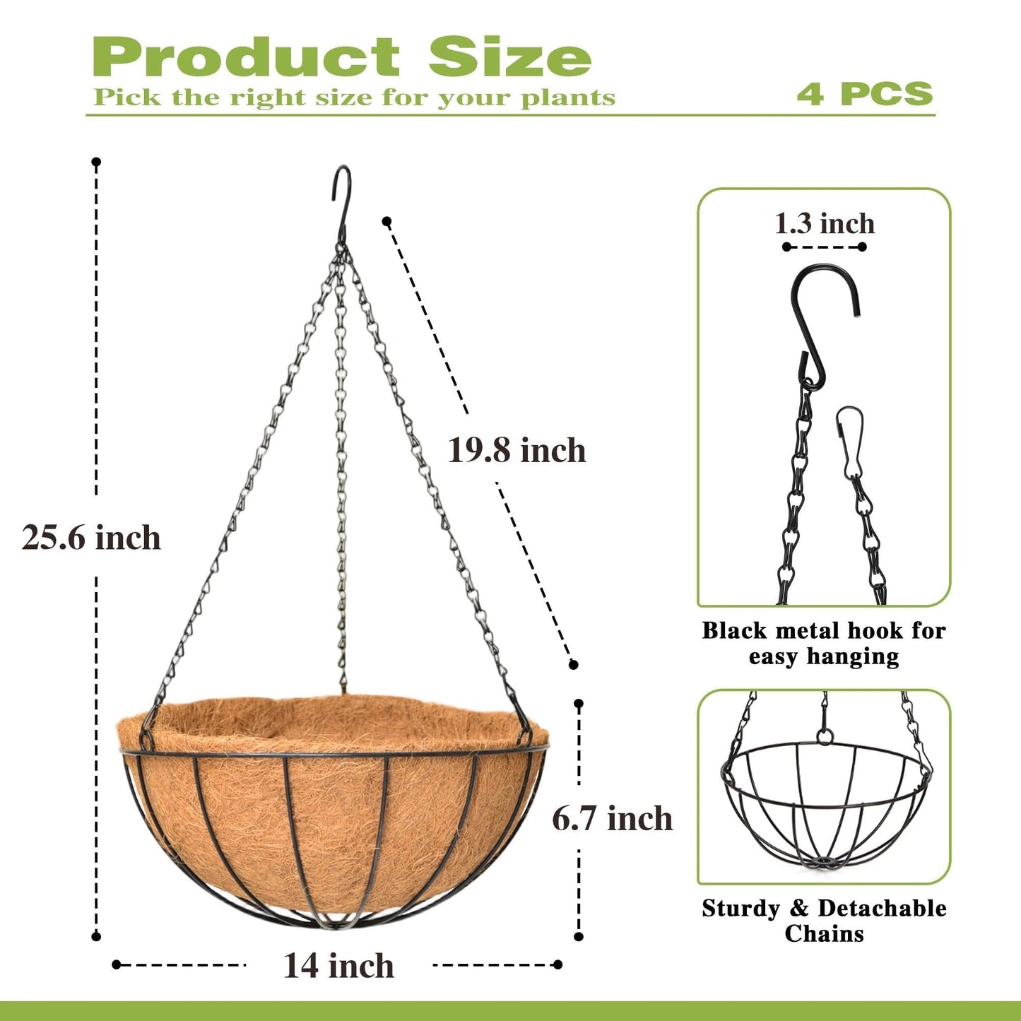 Qusuxi 4 Pack 14 Inch Hanging Baskets for Plants Outdoor Metal Hanging Planter Hanging Flower Baskets with Coco Fiber Liners Chain Round Wire Plant Holder Hanging Flower Pots(Watermelon)