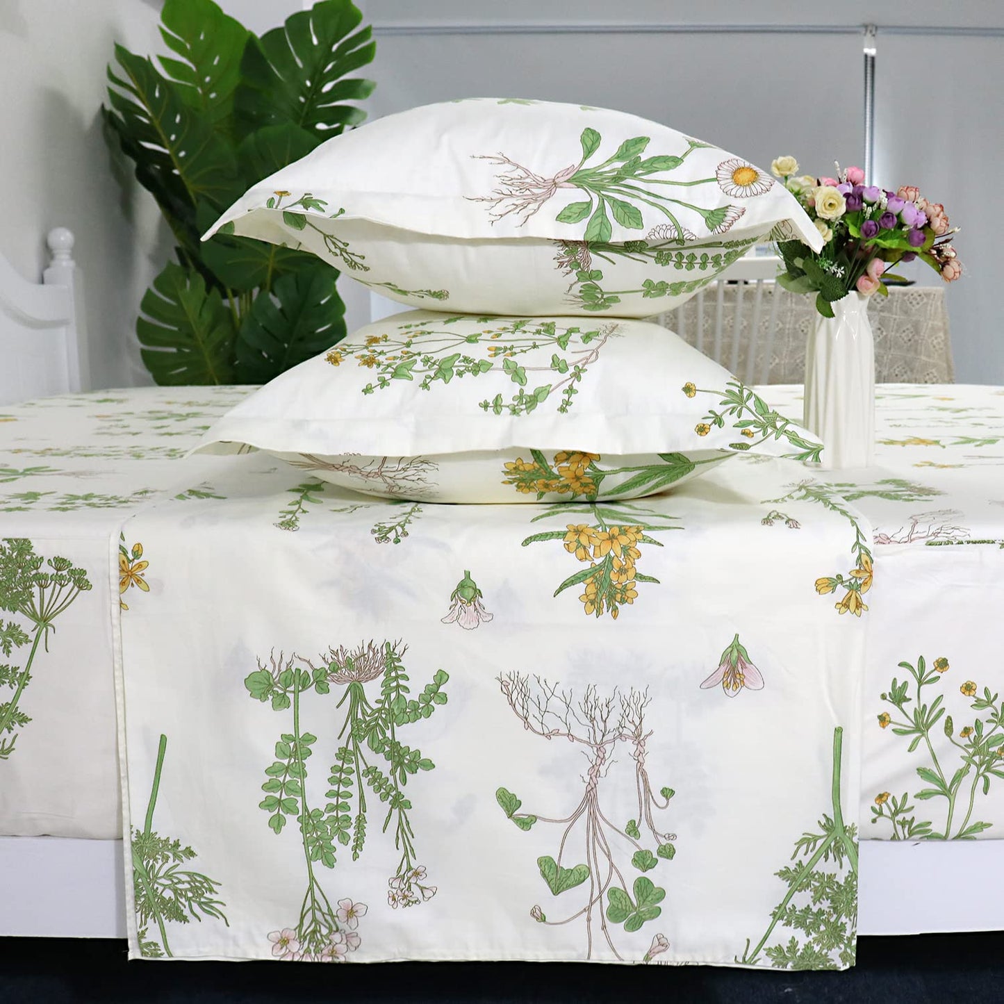 FADFAY Floral Fitted Sheet Set 100% Cotton White Bedding Set Green Flower Printed Pattern Flat Sheet Sets Shabby Comfy Chic Bed Sheet Sets Hypoallergenic Cozy House Sheets (4 Pieces, Full Size)