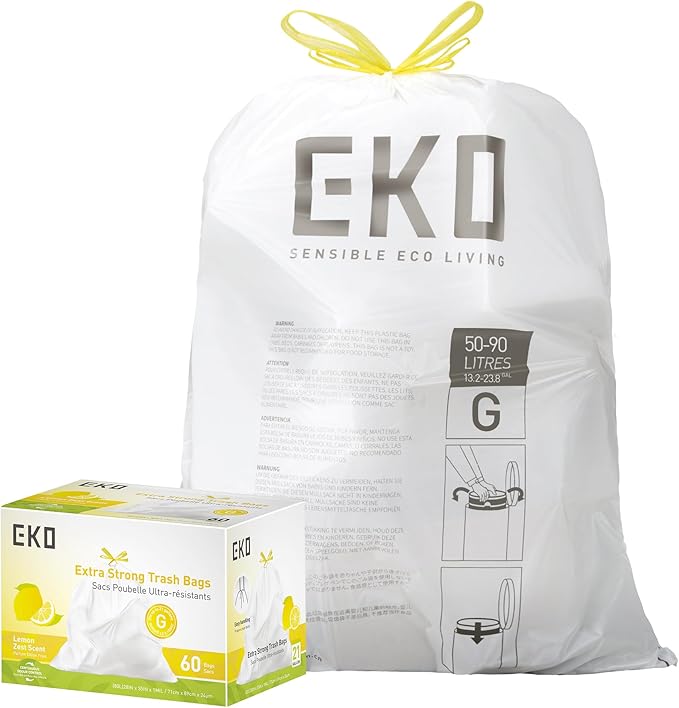 EKO 21 Gallon / 50-90 Liter, Extra-Strong Garbage Bags, Lemon Zest Scent