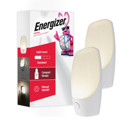 Energizer Manual On/Off LED Night Light Plug-in, Push Button, Compact, Contemporary, for Bedroom, Livingroom, Hallway, Bathroom, Nursery, Basement, White, 84135, 2 Pack