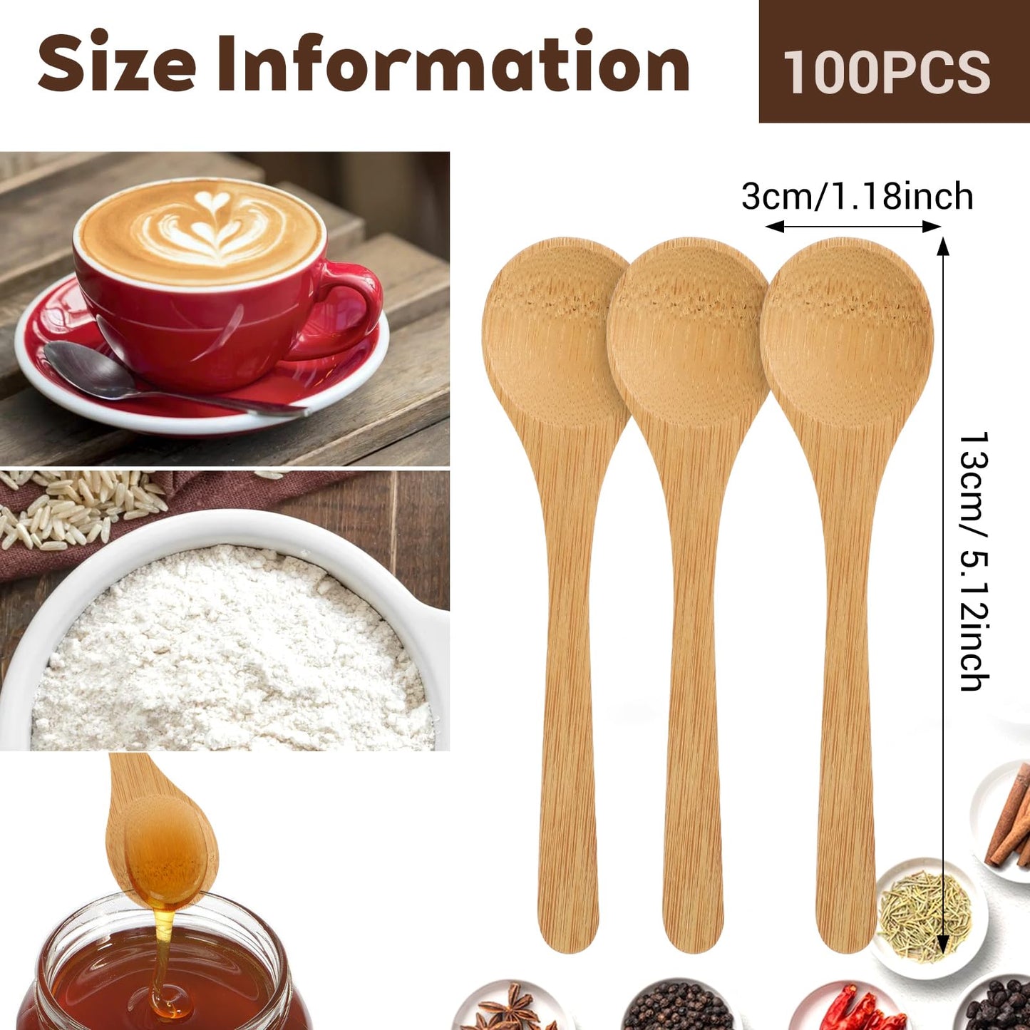 100Pcs Small Wooden Spoons Mini Tiny Wood Spoons Bulk for Tea Coffee Sugar Ice Cream Salt Spices Honey Jars Home Kitchen 5 Inch