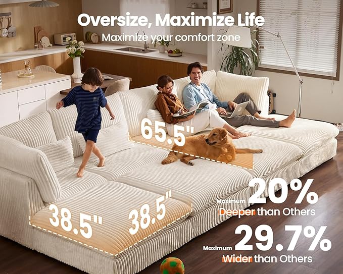 115" Oversized Corduroy Couch Modular Sectional Sofa, Washable Cloud Couch