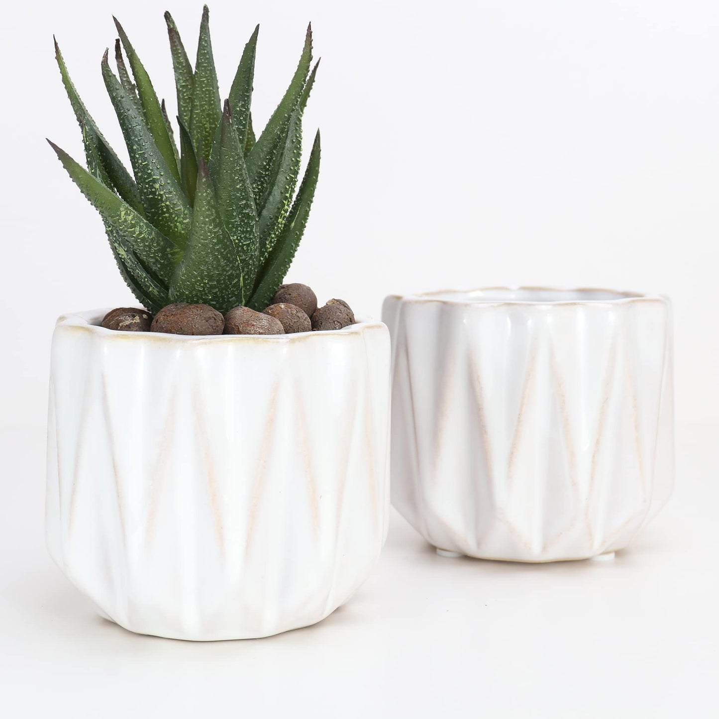 Padolitlay Plant Pot 4 Inch Ceramic Pots, Set of 2 Flower Pots Crackle Glaze Small Planters Pots with Drainage Hole and Mesh Pads for Indoor Outdoor Garden Pots Succulent, Cactus, Herbs (White)