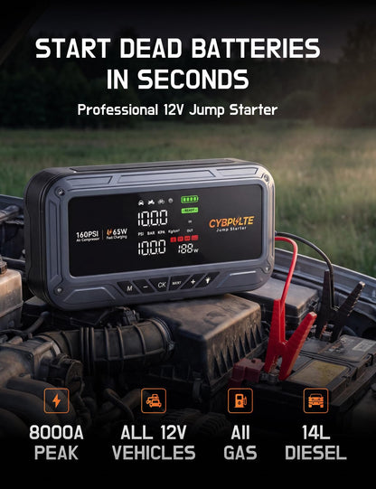 Jump Starter with Air Compressor, 8000A 160 PSI Portable Car Battery Jump Starter with LCD Display, 65W USB-C Fast Charging, All-in-One Emergency Jump Box for All Gas 14L Diesel