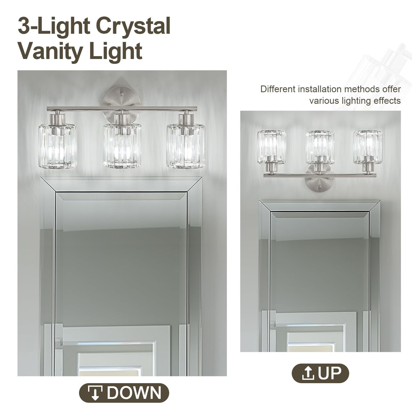 Kvhiiw Crystal Bathroom Light Fixtures, Bathroom Lighting Fixtures Over Mirror, Modern 3-Light Brushed Nickel Vanity Lights for Mirror, Restroom, Kitchen(Ceramic E26 Socket,Bulbs Not Include)