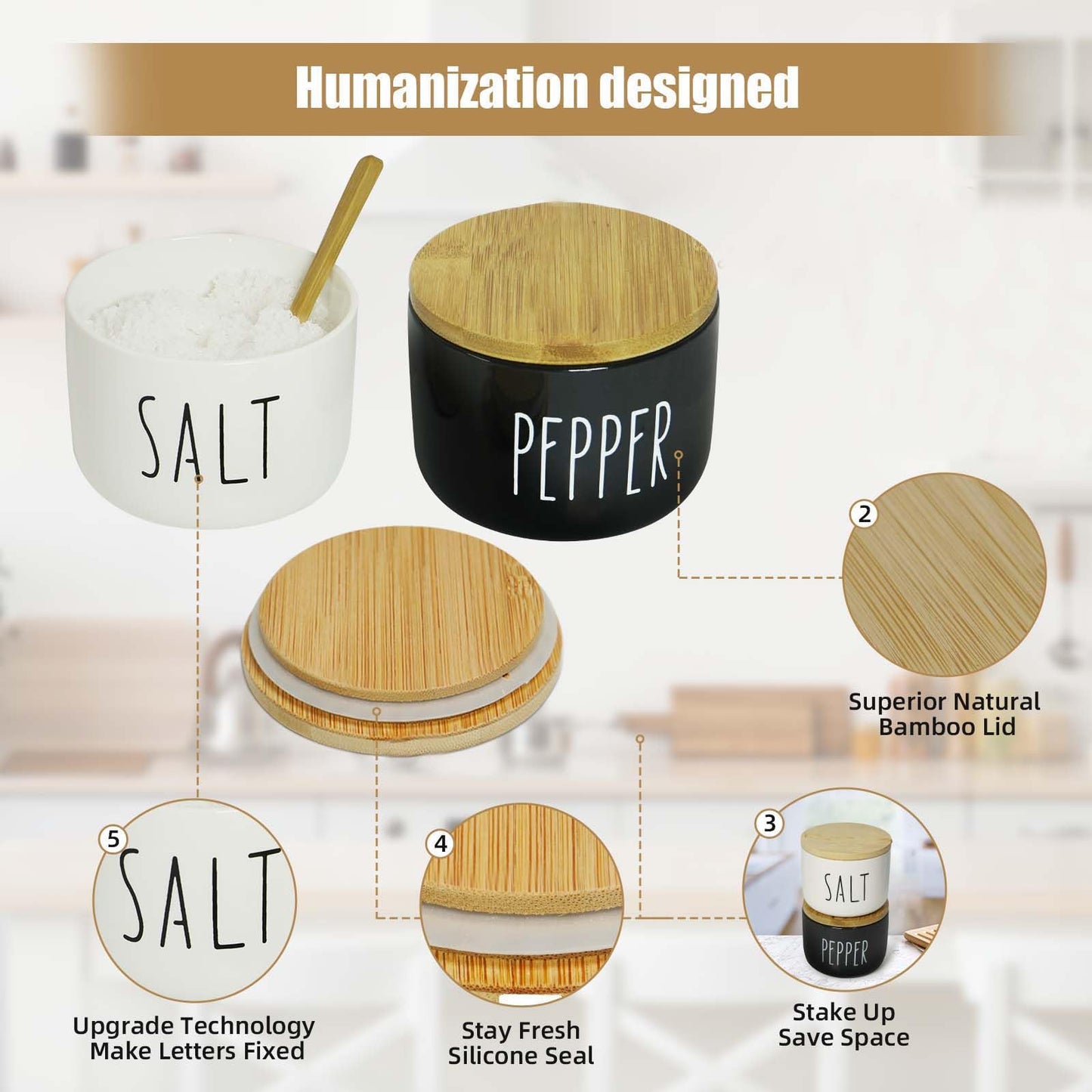 Farmhouse Salt And Pepper Containers,12 oz Salt Containers For Countertop,Stacked Ceramic Cellar With Bamboo Lid, Spice Box With Spoon,Seasoning Holder with lid,Ceramic Bowls (B&W)