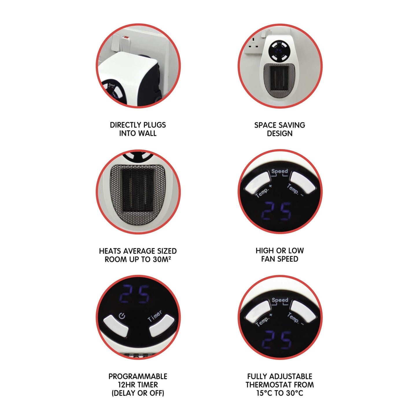 STAYWARM 500w Plugin Local (2m2) Power Heater / 2 Fan Speeds / 15 - 30C Temperature Control / 1-12 Hour Timer / Auto Shut Off - F2210WH