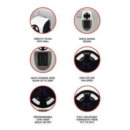 STAYWARM 500w Plugin Local (2m2) Power Heater / 2 Fan Speeds / 15 - 30C Temperature Control / 1-12 Hour Timer / Auto Shut Off - F2210WH