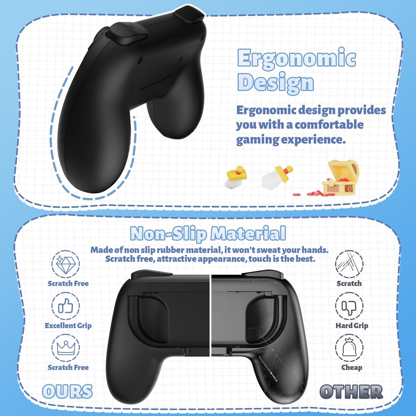 FASTSNAIL Grips for Nintendo Switch Joy-Con, Wear-resistant Handle Kit for Switch Joy Cons Controller, 2 Pack (Black)
